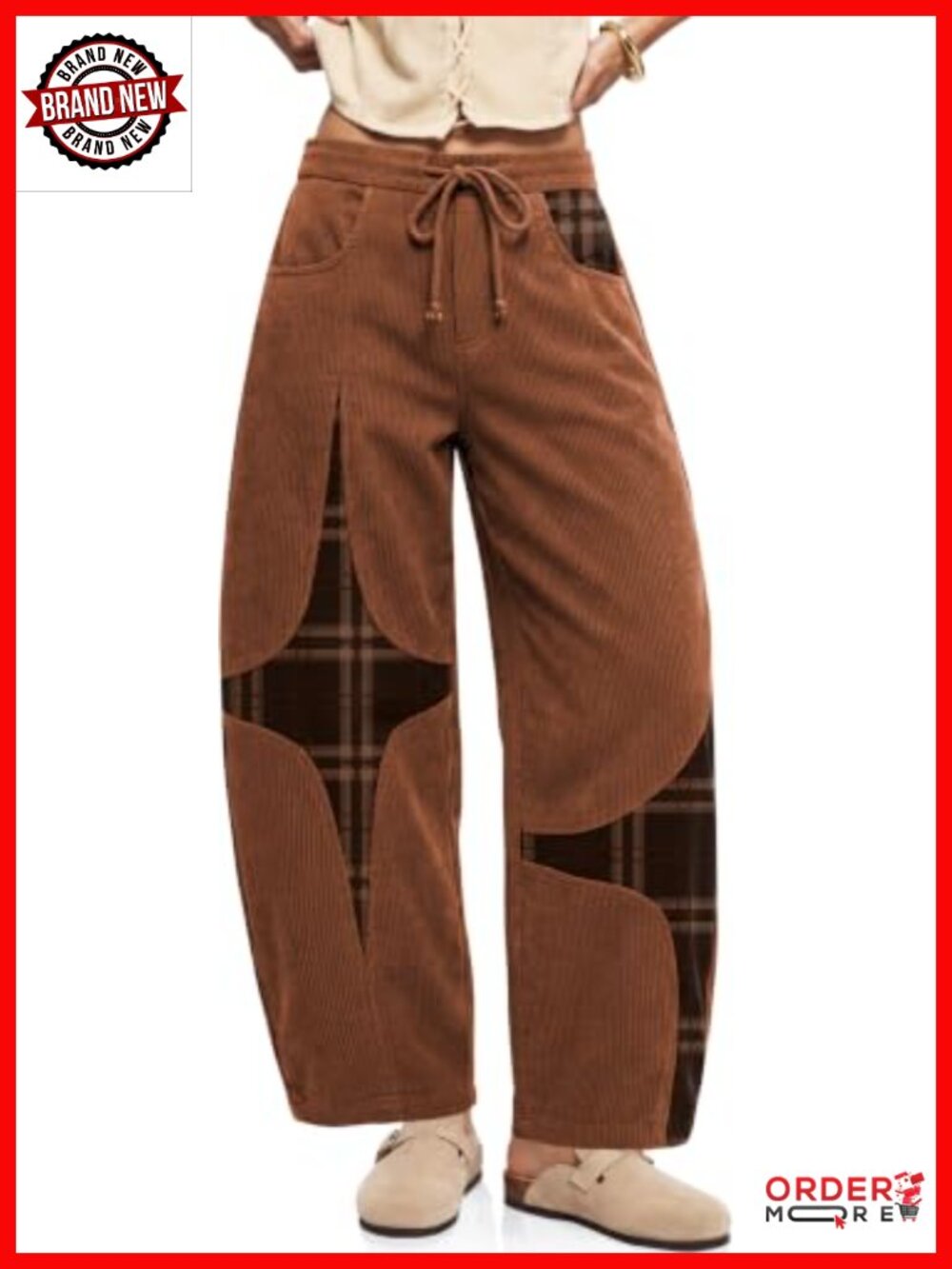 TARSE Corduroy Barrel Leg Pants High Waist Drawstring Wide Leg Casual